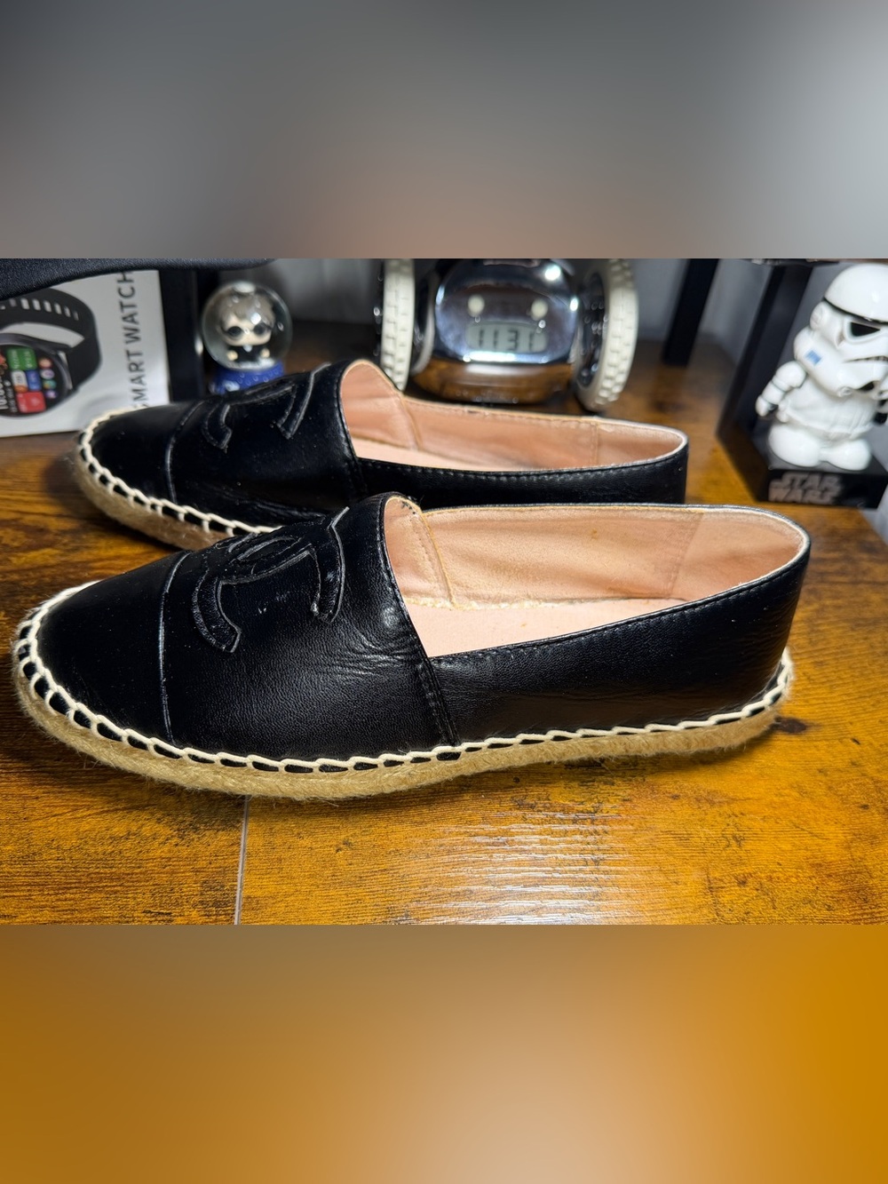 CHANEL Black Leather Espadrille Slip-On Loafers - Picture 3 of 13